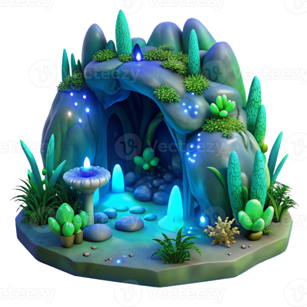 beautiful contemporary dramatic vintage A lush, hidden grotto filled with bioluminescent flora and fauna, glowing with ethereal blue and green light, intricate details, hyperrealistic style... png