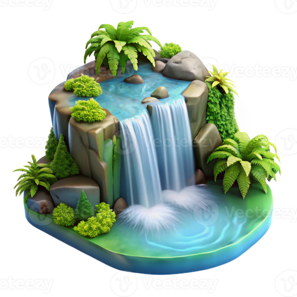 impressive modern serene vintage A cascading waterfall plunging into a crystal-clear pool, surrounded by vibrant green moss and ferns, soft, diffused natural light, photorealistic style genuine... png