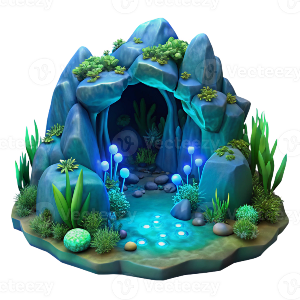 wonderful abstract impressive creative A lush, hidden grotto filled with bioluminescent flora and fauna, glowing with ethereal blue and green light, intricate details, hyperrealistic style... png