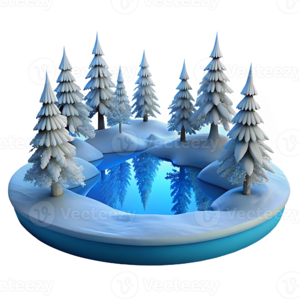 wonderful modern serene artistic A frozen lake reflecting the surrounding snow-covered trees, minimalist composition, cold, blue light, smooth, icy textures high resolution genuine png