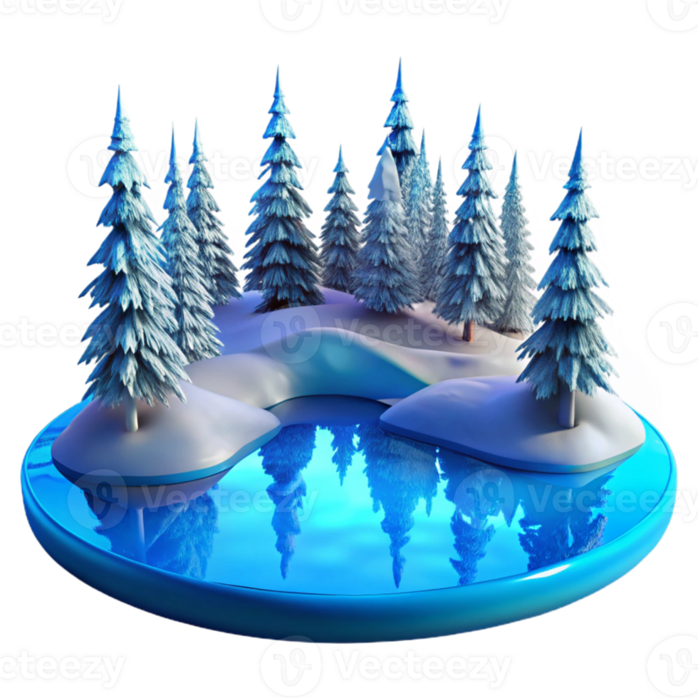 magnificent modern dramatic contemporary A frozen lake reflecting the surrounding snow-covered trees, minimalist composition, cold, blue light, smooth, icy textures high quality high resolution png