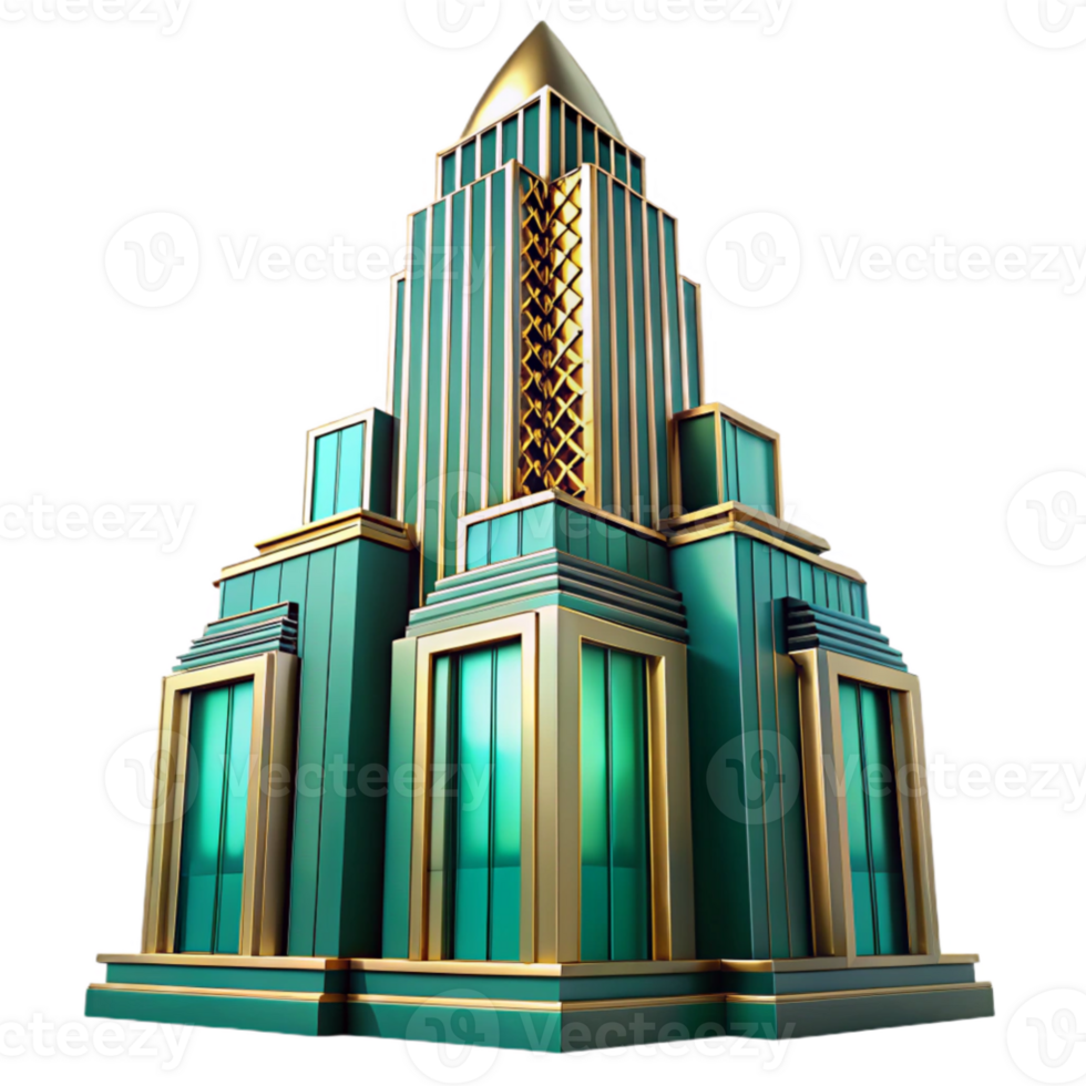 impressive abstract wonderful contemporary Art Deco skyscraper, vibrant teal and gold accents, intricate geometric patterns, sharp shadows cast by a late afternoon sun, volumetric lighting high... png