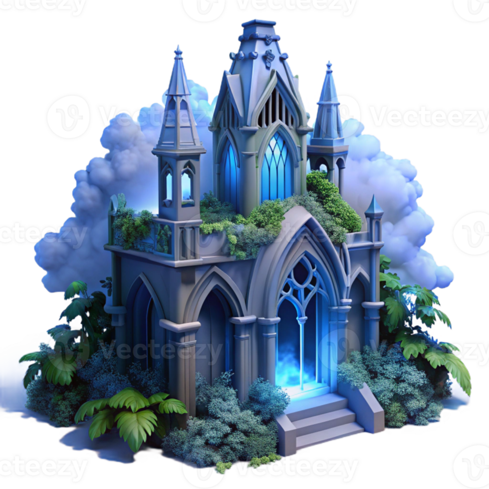 extraordinary creative wonderful classic A crumbling gothic cathedral overgrown with ivy, ethereal blue moonlight, volumetric fog, hyperrealistic style original detailed png
