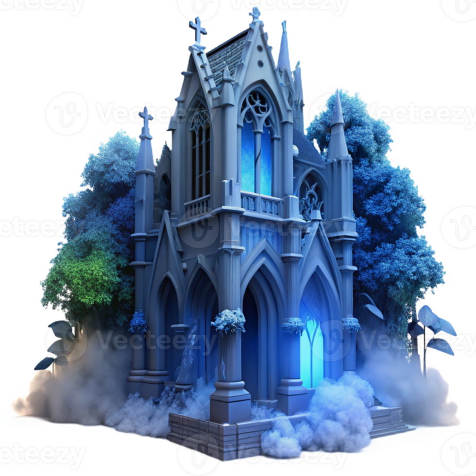 extraordinary classic vibrant traditional A crumbling gothic cathedral overgrown with ivy, ethereal blue moonlight, volumetric fog, hyperrealistic style detailed professional png