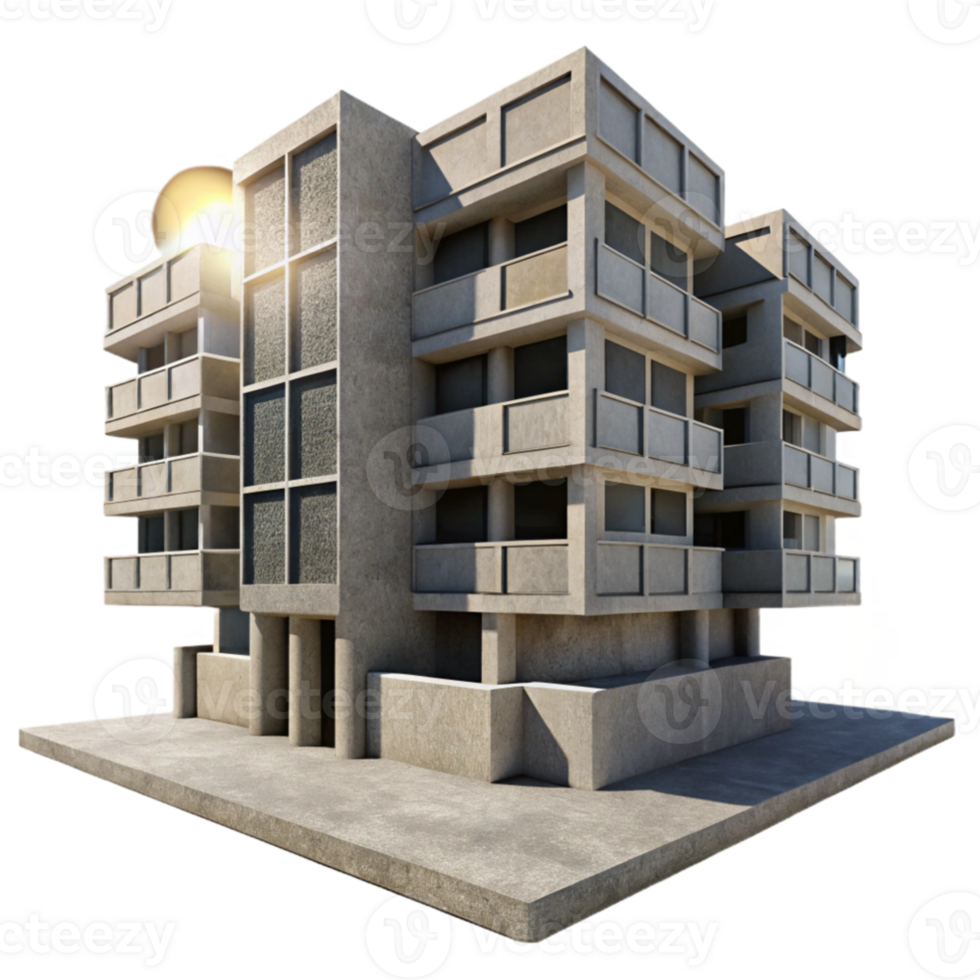 beautiful vintage vibrant classic A Brutalist concrete apartment complex, stark shadows, harsh midday sun, gritty and realistic style genuine 4K png