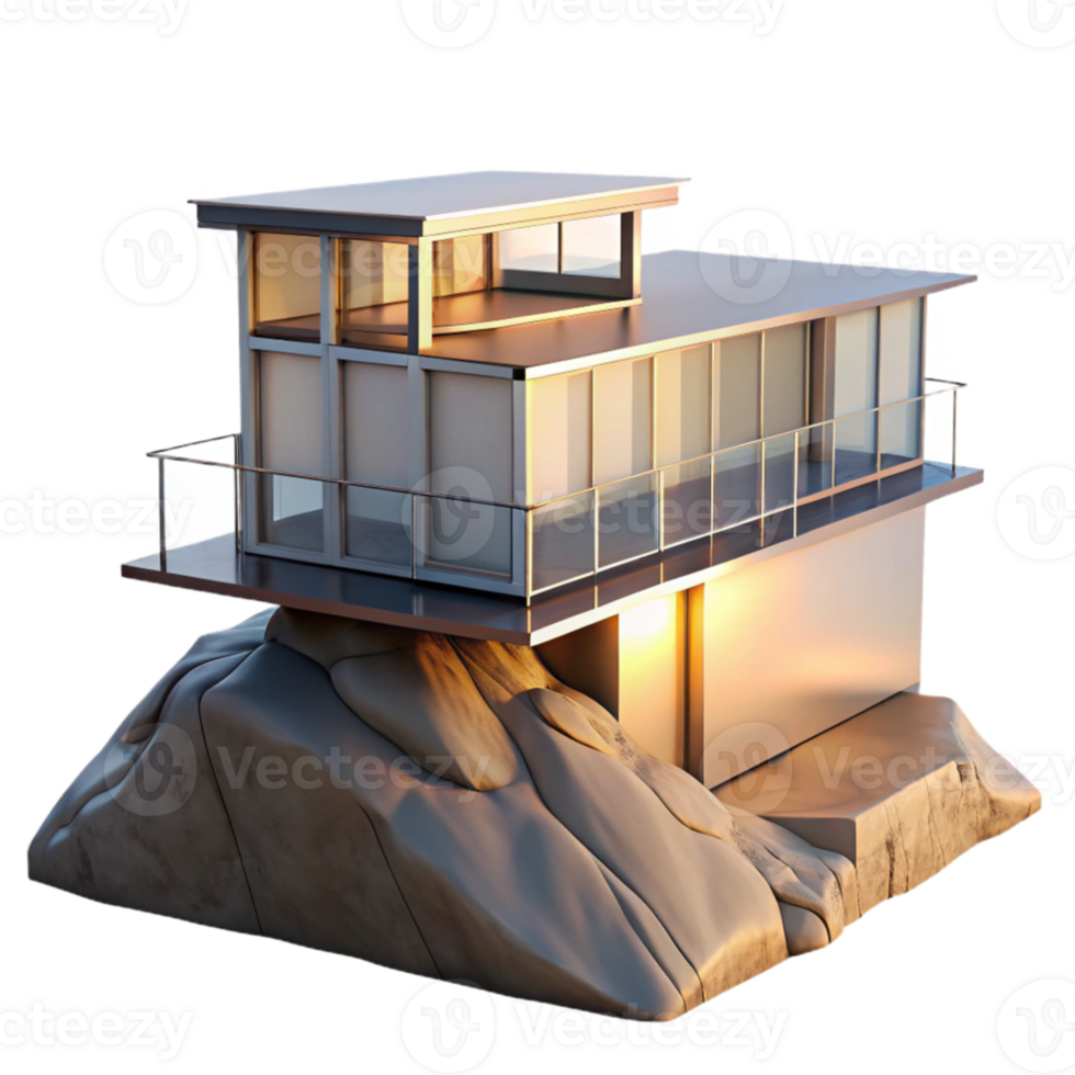 beautiful traditional extraordinary contemporary A minimalist glass and steel house perched on a cliff, crisp clean lines, sunset golden hour lighting, minimalist style professional high quality png