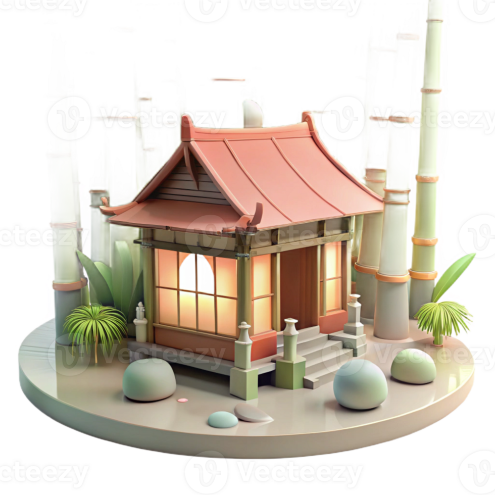 wonderful abstract wonderful contemporary A Japanese teahouse nestled in a bamboo forest, soft diffused lighting, serene and peaceful atmosphere, watercolor style authentic detailed png
