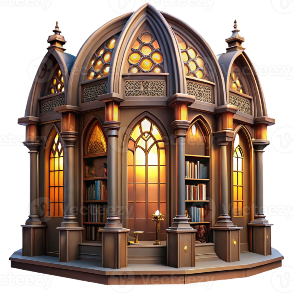 serene contemporary magnificent artistic A towering Art Nouveau library, ornate ironwork and stained glass, warm interior lighting, highly detailed high quality genuine png