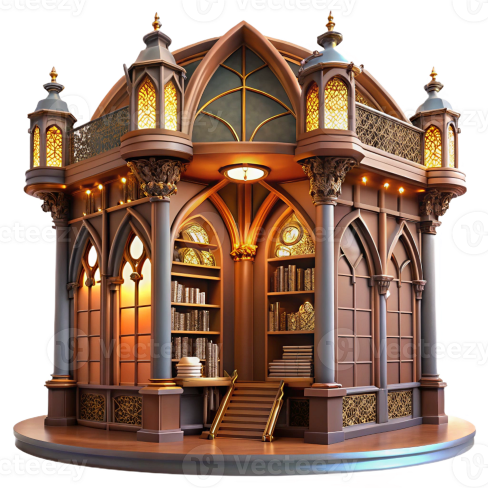 elegant artistic beautiful vintage A towering Art Nouveau library, ornate ironwork and stained glass, warm interior lighting, highly detailed high quality genuine png