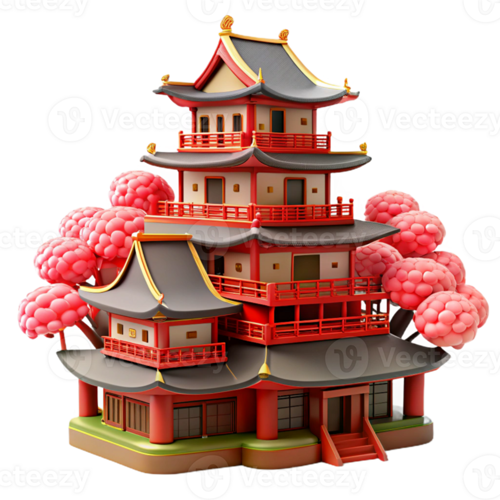 dramatic classic magnificent rustic A traditional Japanese castle, intricate wooden details and red lacquer, cherry blossom trees in bloom, soft daylight authentic high resolution png