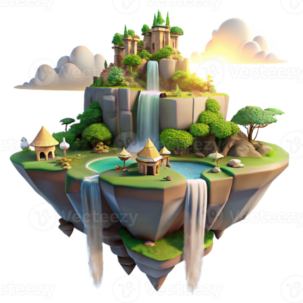 vibrant modern magnificent artistic A floating island city with waterfalls cascading down its sides, lush vegetation, golden hour lighting, fantasy art style 4K 4K png