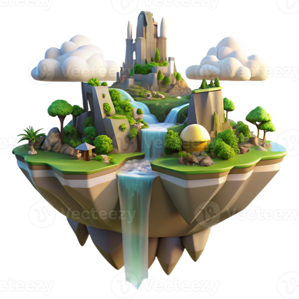 extraordinary traditional magnificent classic A floating island city with waterfalls cascading down its sides, lush vegetation, golden hour lighting, fantasy art style genuine premium png
