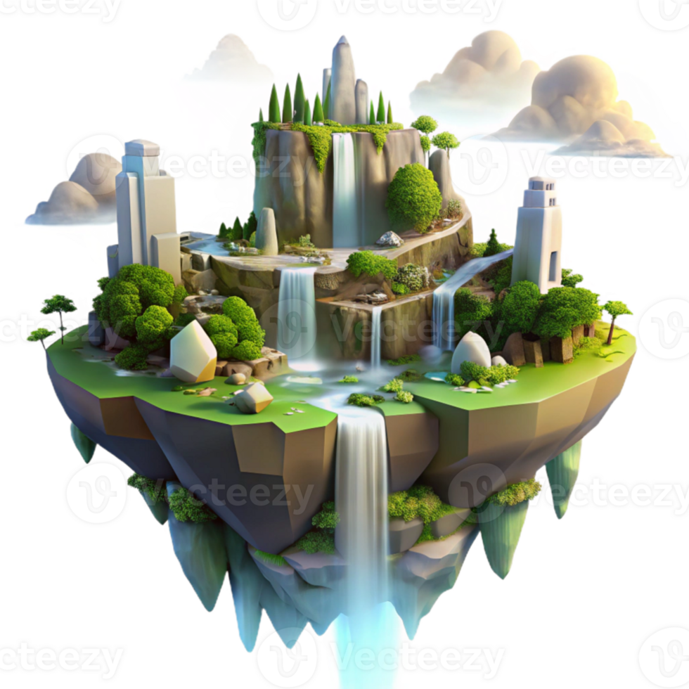 stunning classic dramatic classic A floating island city with waterfalls cascading down its sides, lush vegetation, golden hour lighting, fantasy art style high resolution original png