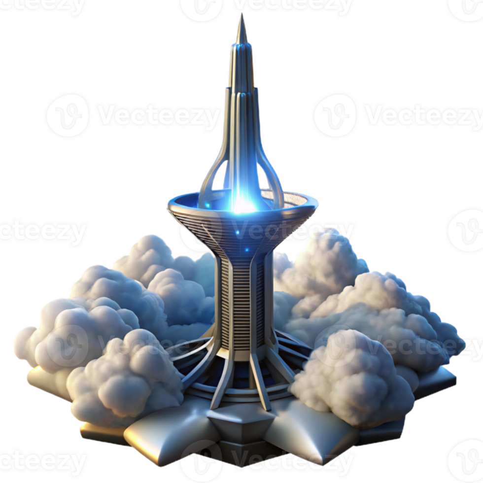 vibrant creative elegant traditional An impossibly tall tower piercing the clouds, metallic and glass construction, dramatic lighting with God rays, science fiction style exclusive exclusive png
