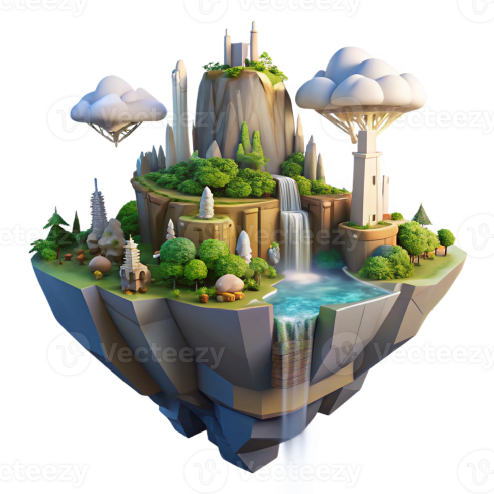 stunning rustic elegant contemporary A floating island city with waterfalls cascading down its sides, lush vegetation, golden hour lighting, fantasy art style professional premium png