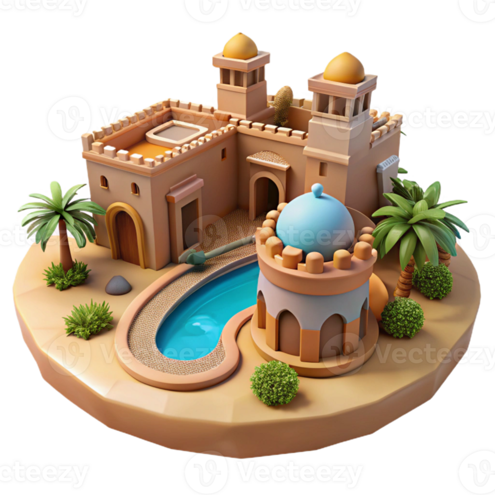 extraordinary vintage serene artistic A desert oasis city built around a central water source, earthen architecture, bright midday sun, Middle Eastern inspired style high resolution authentic png