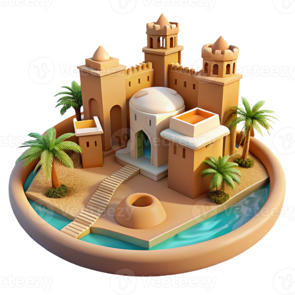 dramatic abstract beautiful classic A desert oasis city built around a central water source, earthen architecture, bright midday sun, Middle Eastern inspired style professional premium png