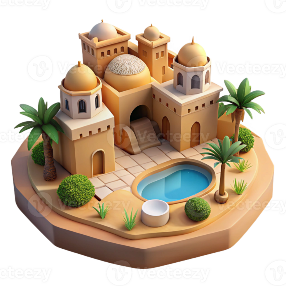 elegant rustic impressive traditional A desert oasis city built around a central water source, earthen architecture, bright midday sun, Middle Eastern inspired style detailed high quality png