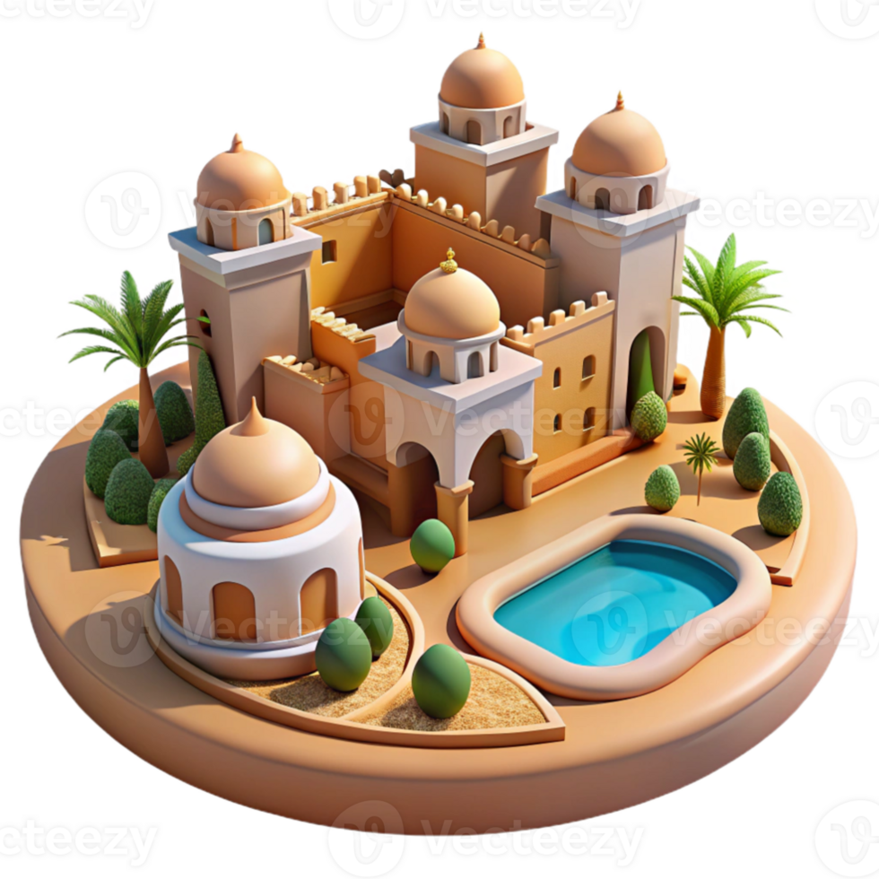 wonderful vintage dramatic rustic A desert oasis city built around a central water source, earthen architecture, bright midday sun, Middle Eastern inspired style high resolution authentic png