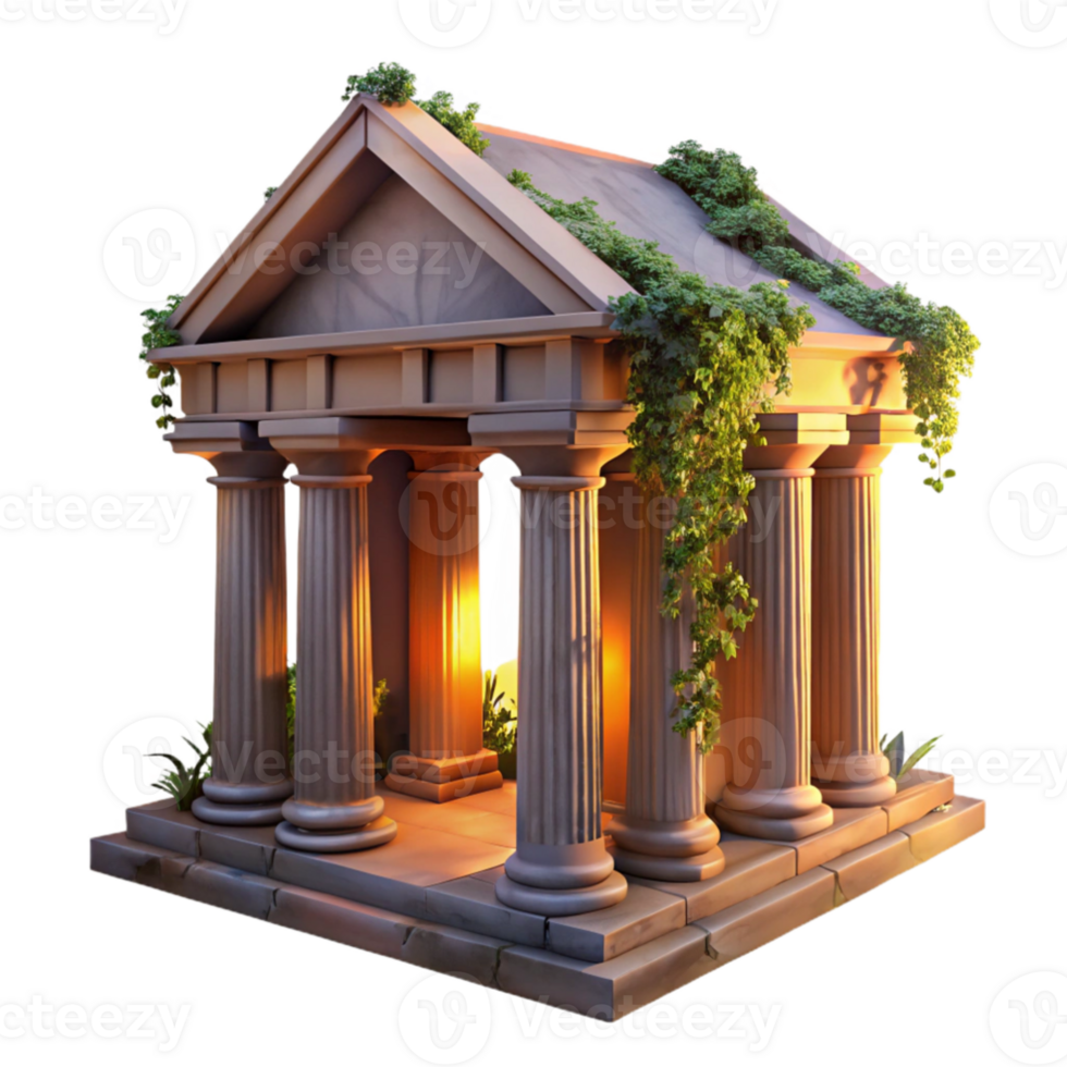 dramatic contemporary serene traditional A crumbling ancient Roman temple overgrown with vines, lit by the warm glow of a setting sun, romanticism style genuine 4K png