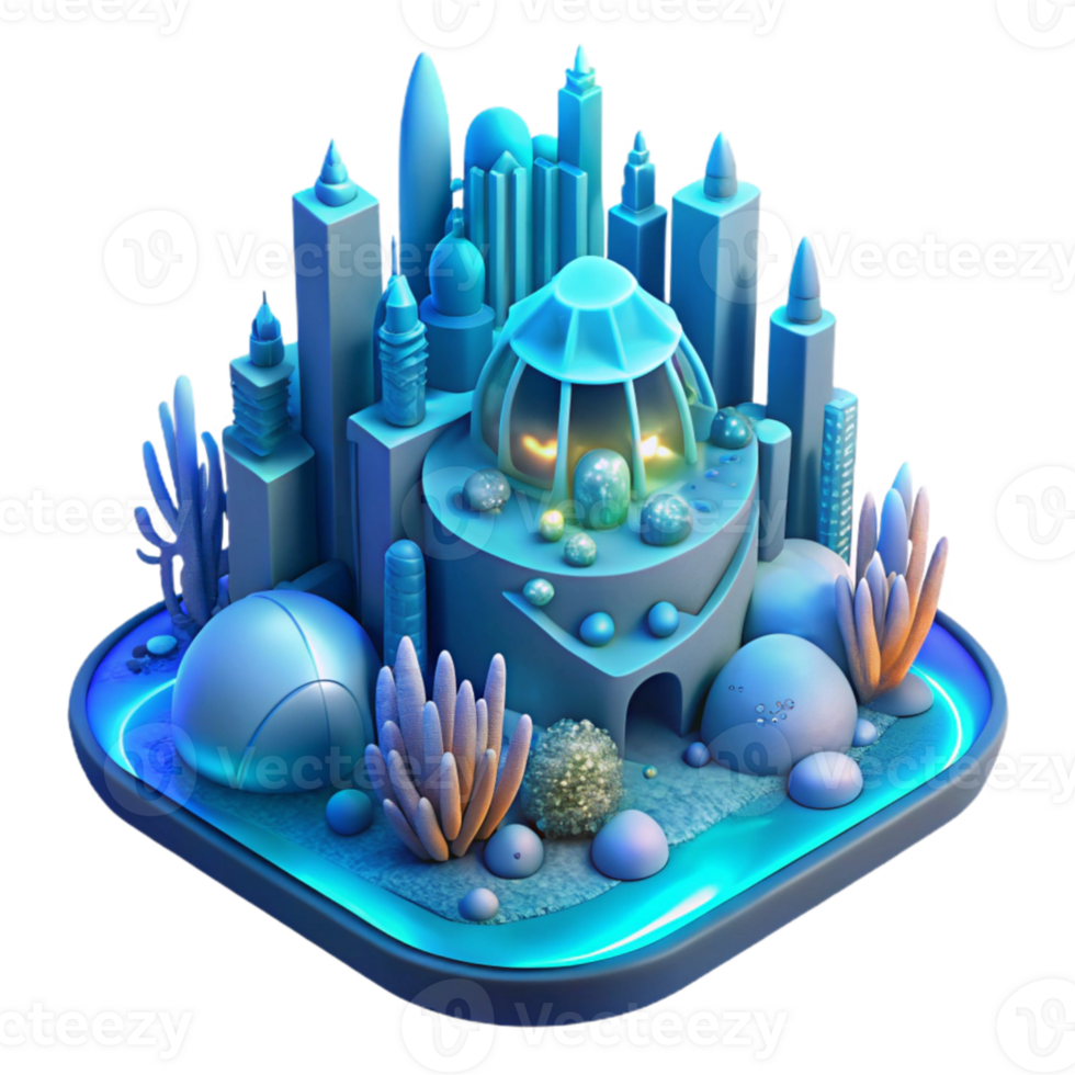 magnificent classic elegant rustic A futuristic underwater city built of bioluminescent coral, glowing with soft blue light, isometric view, digital art style original authentic png