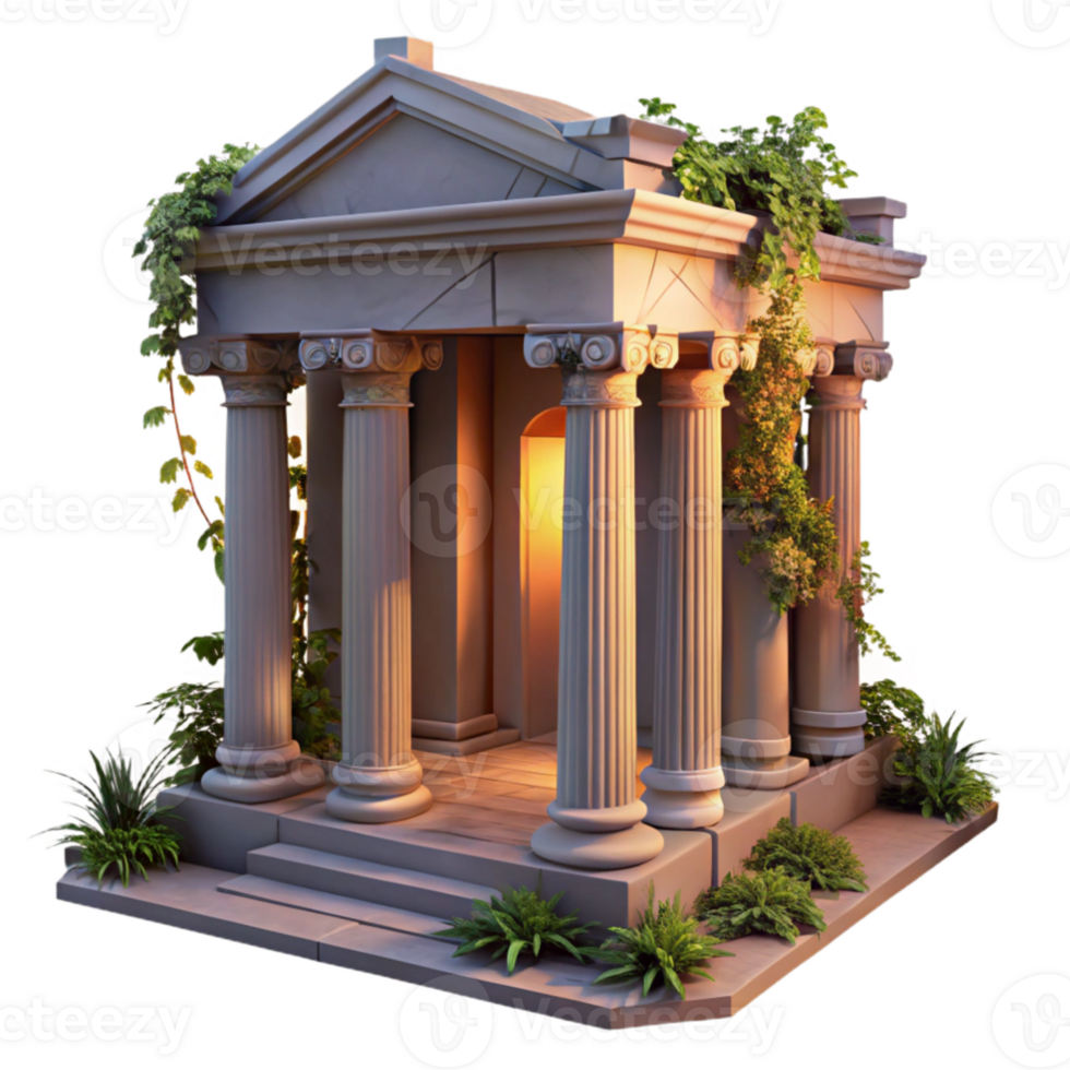 beautiful artistic vibrant contemporary A crumbling ancient Roman temple overgrown with vines, lit by the warm glow of a setting sun, romanticism style high quality detailed png