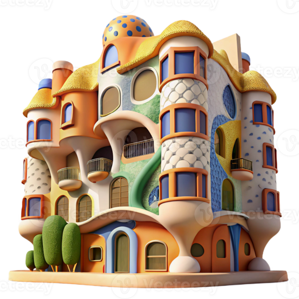 extraordinary contemporary beautiful abstract A Gaudi-inspired apartment building with colorful mosaic tiles and organic shapes, bright midday sunlight, whimsical style premium 4K png