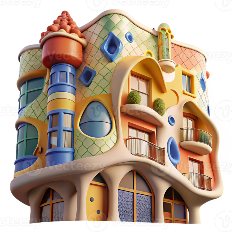 extraordinary abstract elegant rustic A Gaudi-inspired apartment building with colorful mosaic tiles and organic shapes, bright midday sunlight, whimsical style exclusive high resolution png
