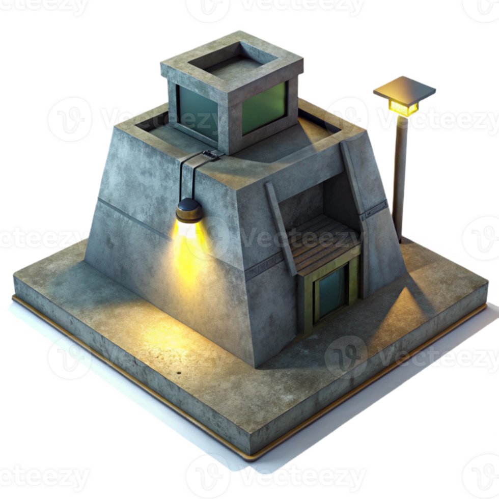 serene rustic vibrant artistic A brutalist concrete bunker, harsh shadows cast by a single spotlight, dystopian style genuine premium png