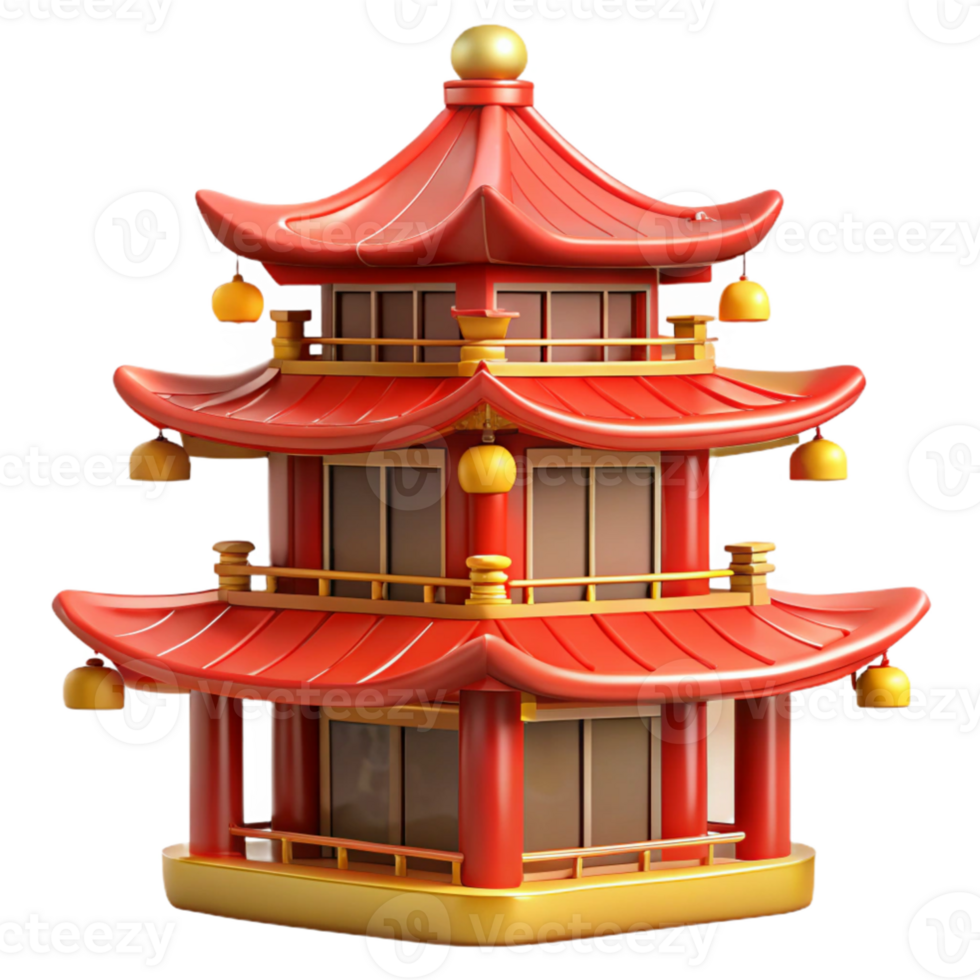 serene classic beautiful classic A traditional Chinese pagoda with red and gold details, soft morning light, traditional painting style high quality professional png
