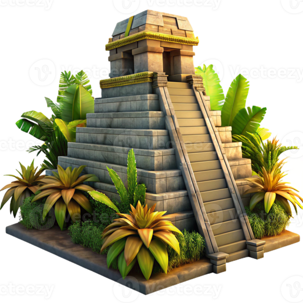 elegant artistic elegant modern A Mayan pyramid temple overgrown with jungle vegetation, dramatic sunset lighting, ancient style authentic original png