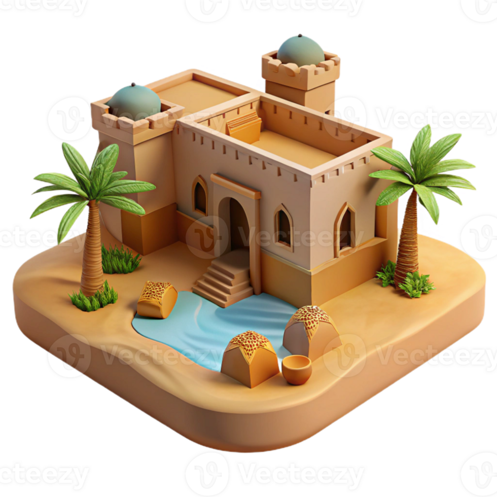 vibrant creative impressive contemporary A desert oasis with traditional mud-brick architecture, warm midday sunlight, Middle Eastern style 4K high quality png