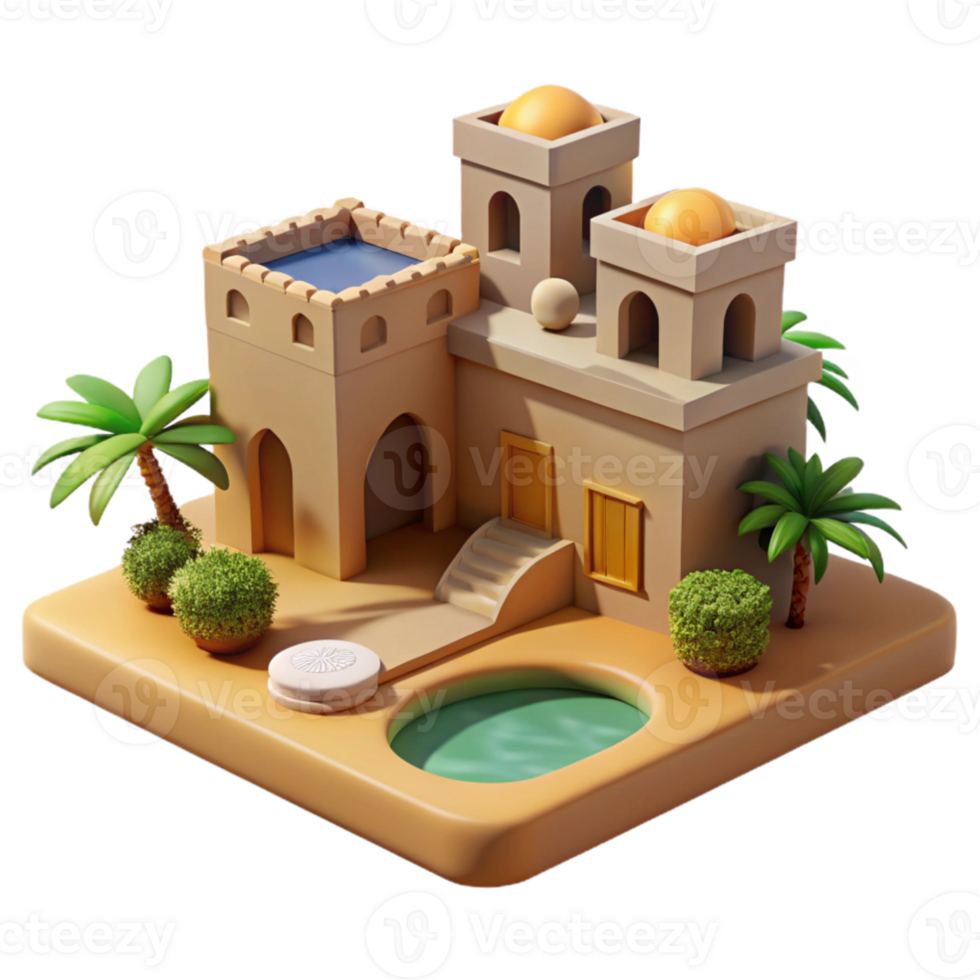 beautiful creative dramatic classic A desert oasis with traditional mud-brick architecture, warm midday sunlight, Middle Eastern style original detailed png