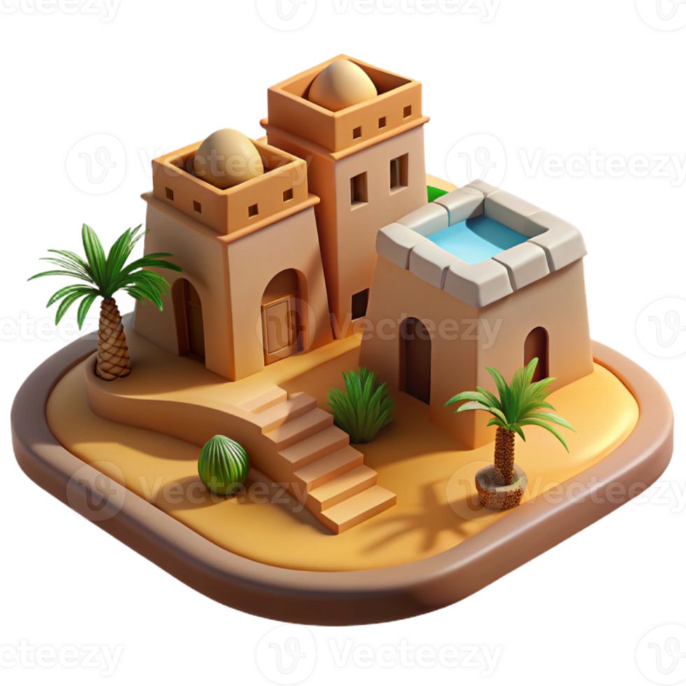 dramatic traditional vibrant creative A desert oasis with traditional mud-brick architecture, warm midday sunlight, Middle Eastern style 4K 4K png