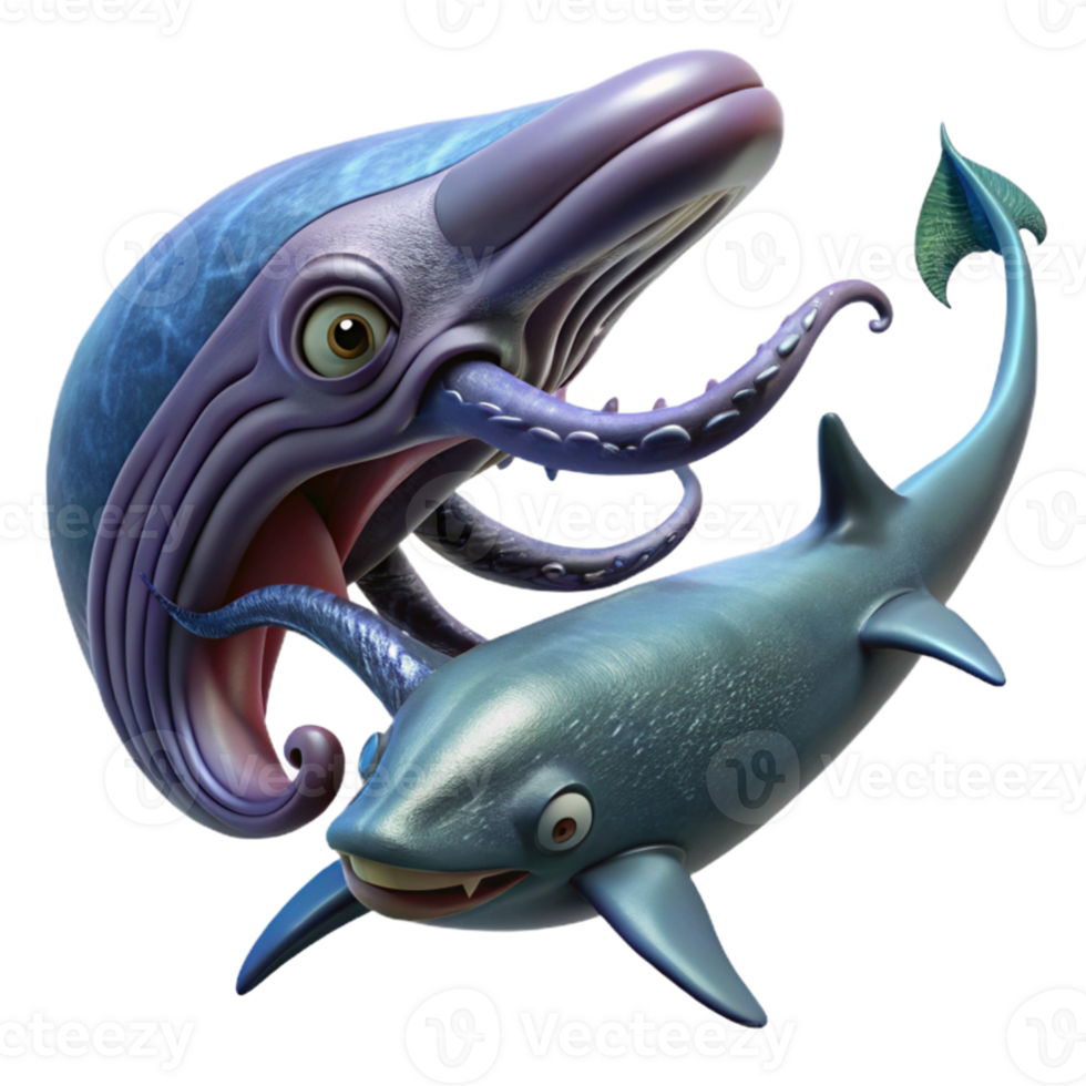 dramatic modern serene contemporary A giant squid battling a sperm whale in the depths of the ocean, dynamic action, dark and mysterious lighting, dramatic style authentic high resolution png