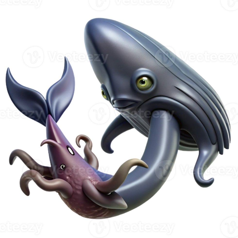 elegant artistic beautiful vintage A giant squid battling a sperm whale in the depths of the ocean, dynamic action, dark and mysterious lighting, dramatic style detailed exclusive png