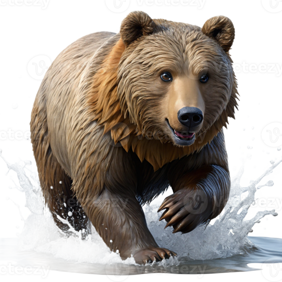 serene creative magnificent classic A solitary grizzly bear fishing in a rushing river, detailed fur and water splashes, natural lighting, wildlife photography style authentic genuine png
