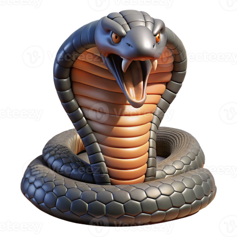 extraordinary abstract elegant vintage A coiled king cobra with hood flared, menacing pose, detailed scales, studio lighting, dark and moody high quality exclusive png