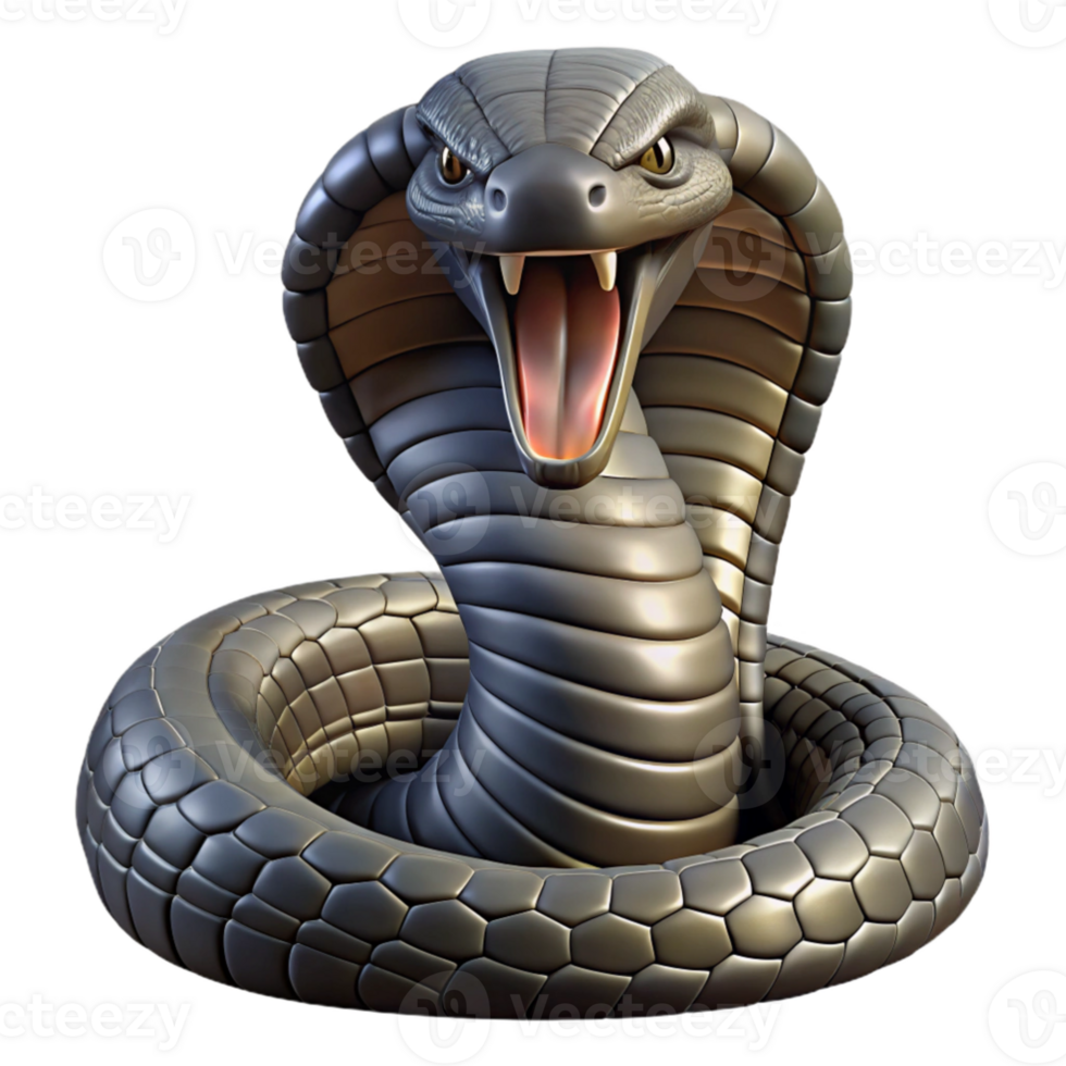 extraordinary vintage magnificent vintage A coiled king cobra with hood flared, menacing pose, detailed scales, studio lighting, dark and moody high resolution genuine png