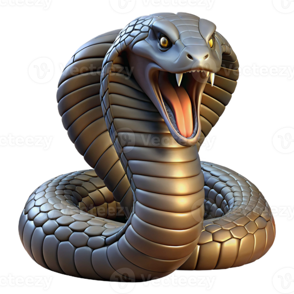 magnificent traditional impressive contemporary A coiled king cobra with hood flared, menacing pose, detailed scales, studio lighting, dark and moody high resolution premium png
