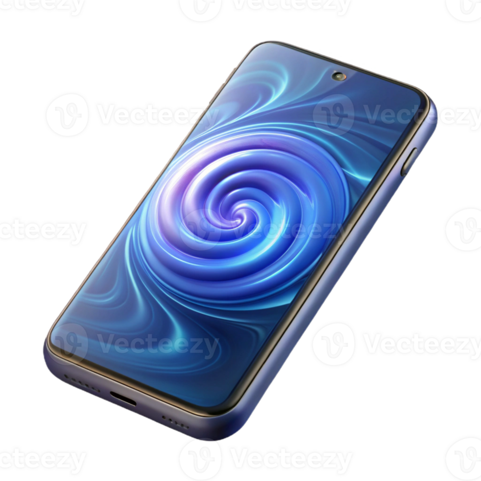 stunning classic serene abstract A hyperrealistic render of a transparent smartphone displaying a swirling galaxy, illuminated from within, product photography style original authentic png