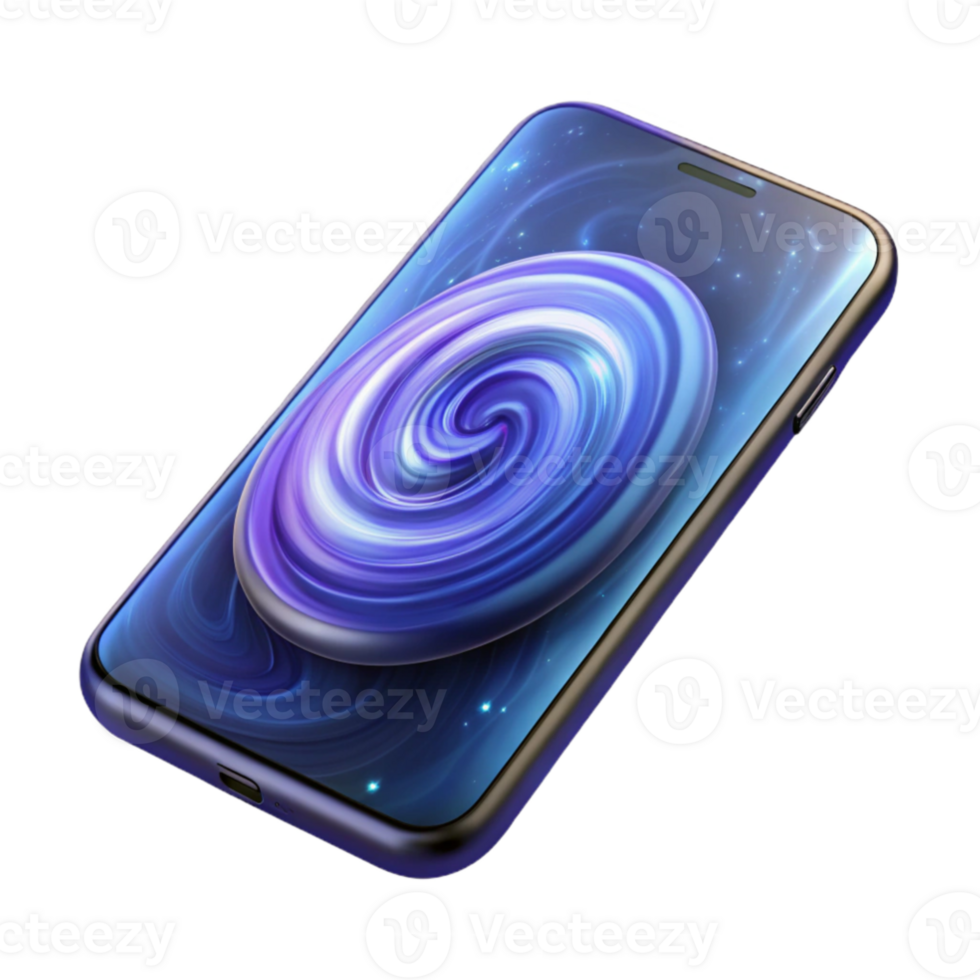 elegant abstract stunning creative A hyperrealistic render of a transparent smartphone displaying a swirling galaxy, illuminated from within, product photography style premium high resolution png