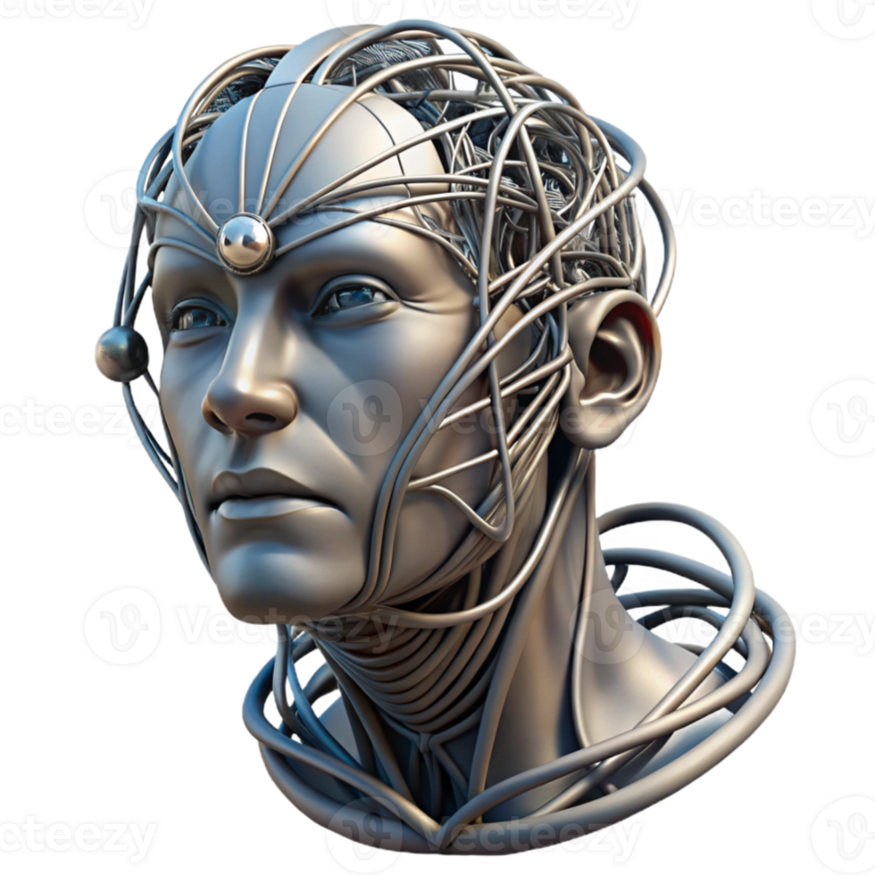 impressive contemporary impressive rustic A surrealist sculpture of a human head made of interconnected wires and cables, metallic textures, dramatic chiaroscuro lighting, surrealism style... png