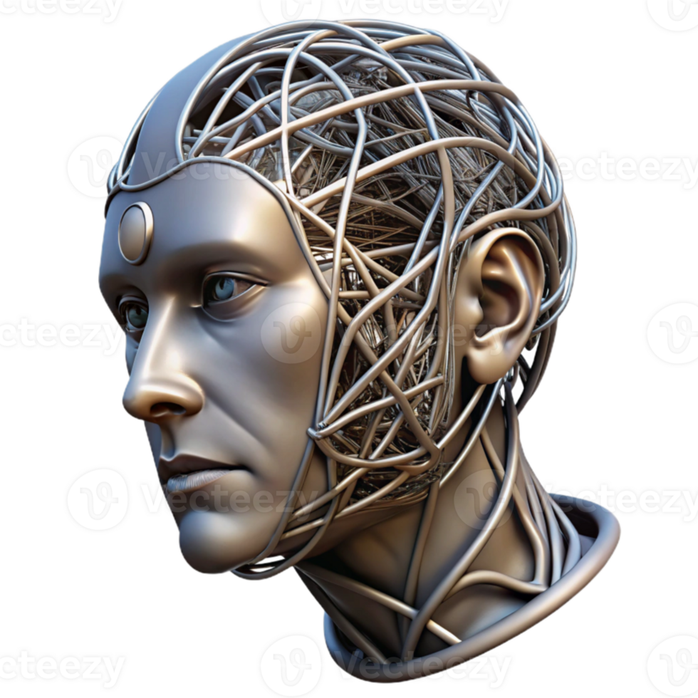 elegant abstract elegant modern A surrealist sculpture of a human head made of interconnected wires and cables, metallic textures, dramatic chiaroscuro lighting, surrealism style high resolution... png