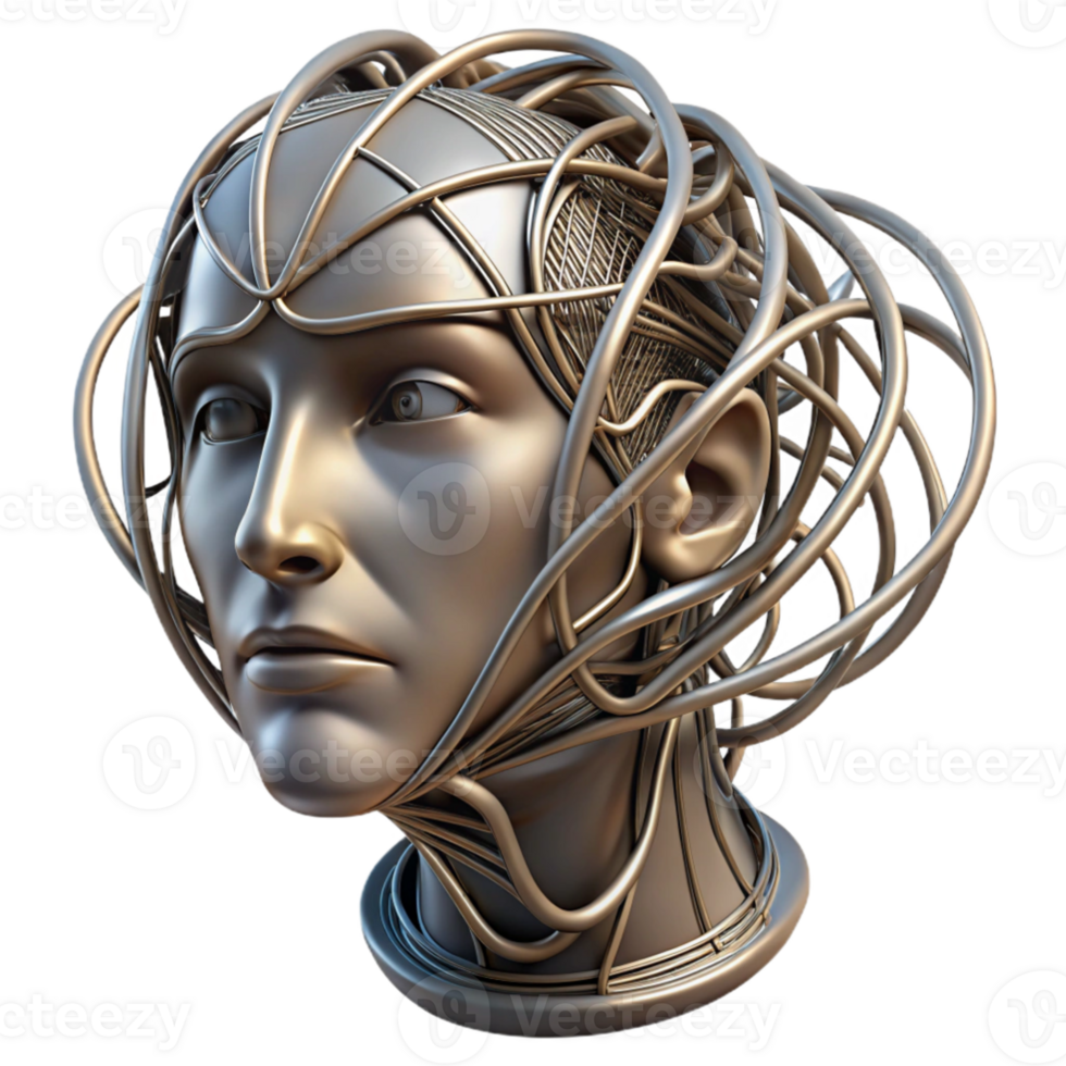 impressive minimalist serene traditional A surrealist sculpture of a human head made of interconnected wires and cables, metallic textures, dramatic chiaroscuro lighting, surrealism style high... png