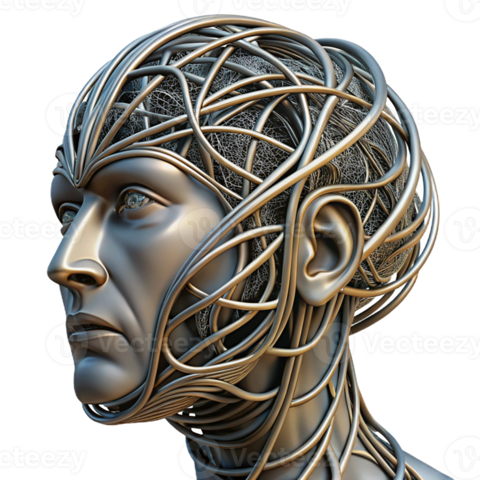 beautiful minimalist wonderful abstract A surrealist sculpture of a human head made of interconnected wires and cables, metallic textures, dramatic chiaroscuro lighting, surrealism style original... png