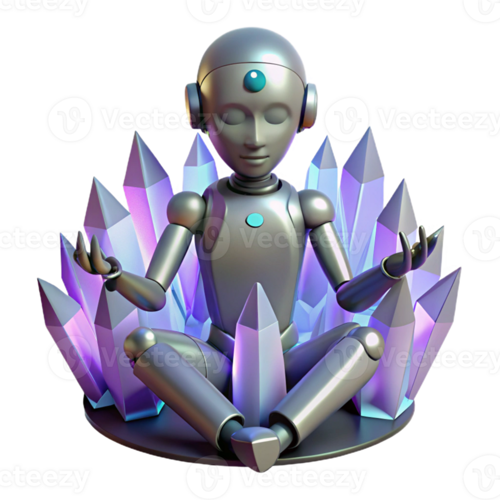 serene minimalist elegant abstract A humanoid robot meditating amidst a field of glowing crystals, soft, ambient lighting, art deco style, genuine authentic png