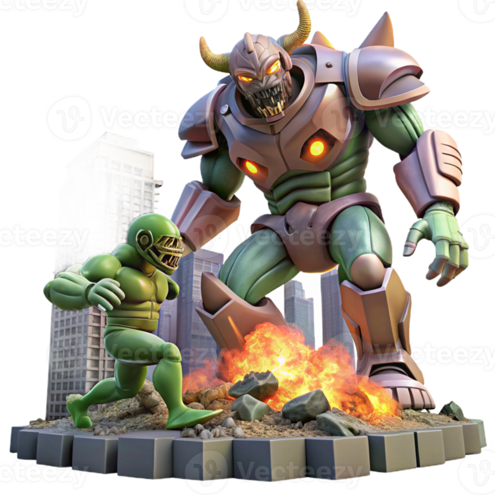 vibrant creative dramatic rustic A giant robot battling a monstrous alien creature in a destroyed city, dynamic lighting and explosions, comic book style, exclusive premium png