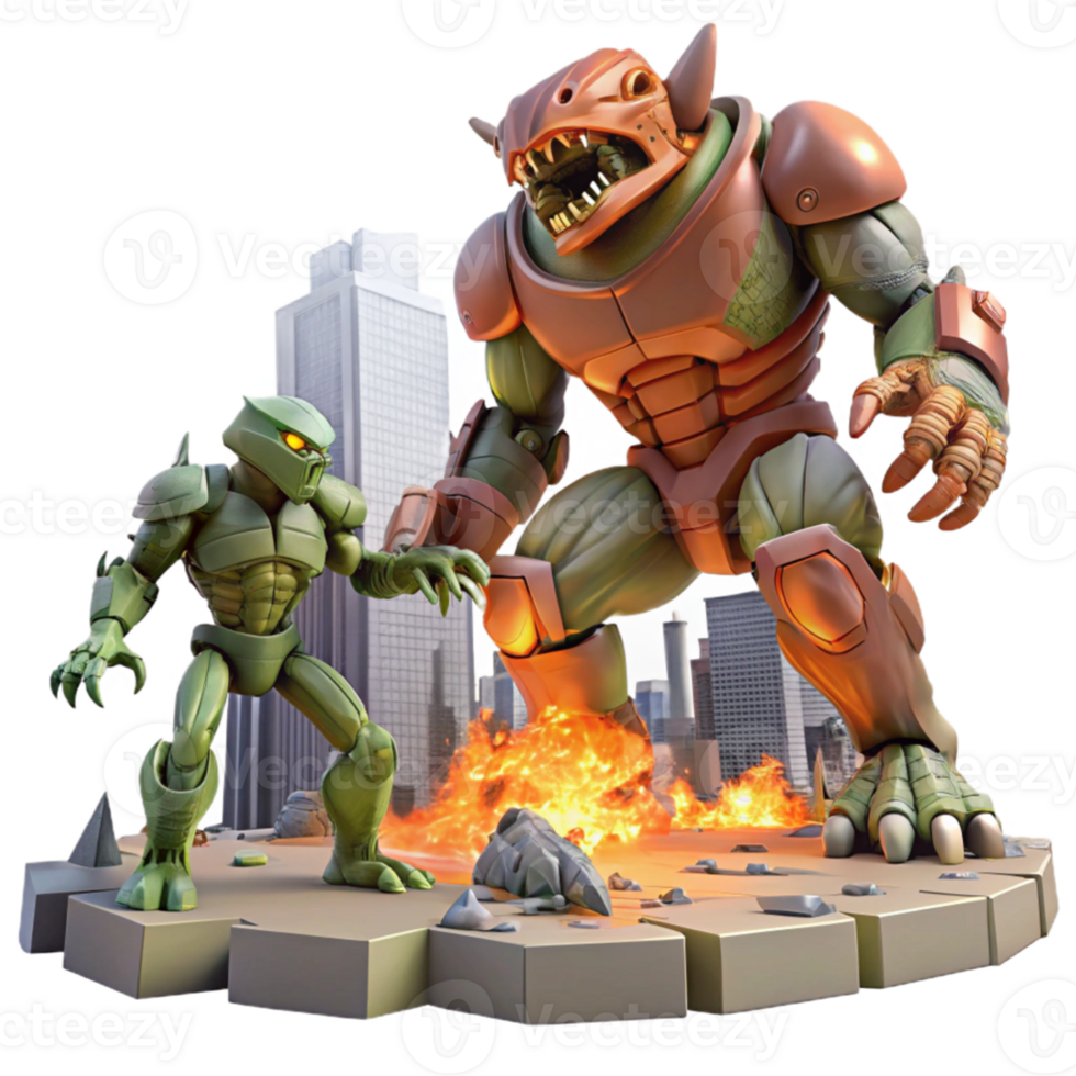 vibrant abstract impressive traditional A giant robot battling a monstrous alien creature in a destroyed city, dynamic lighting and explosions, comic book style, high quality detailed png