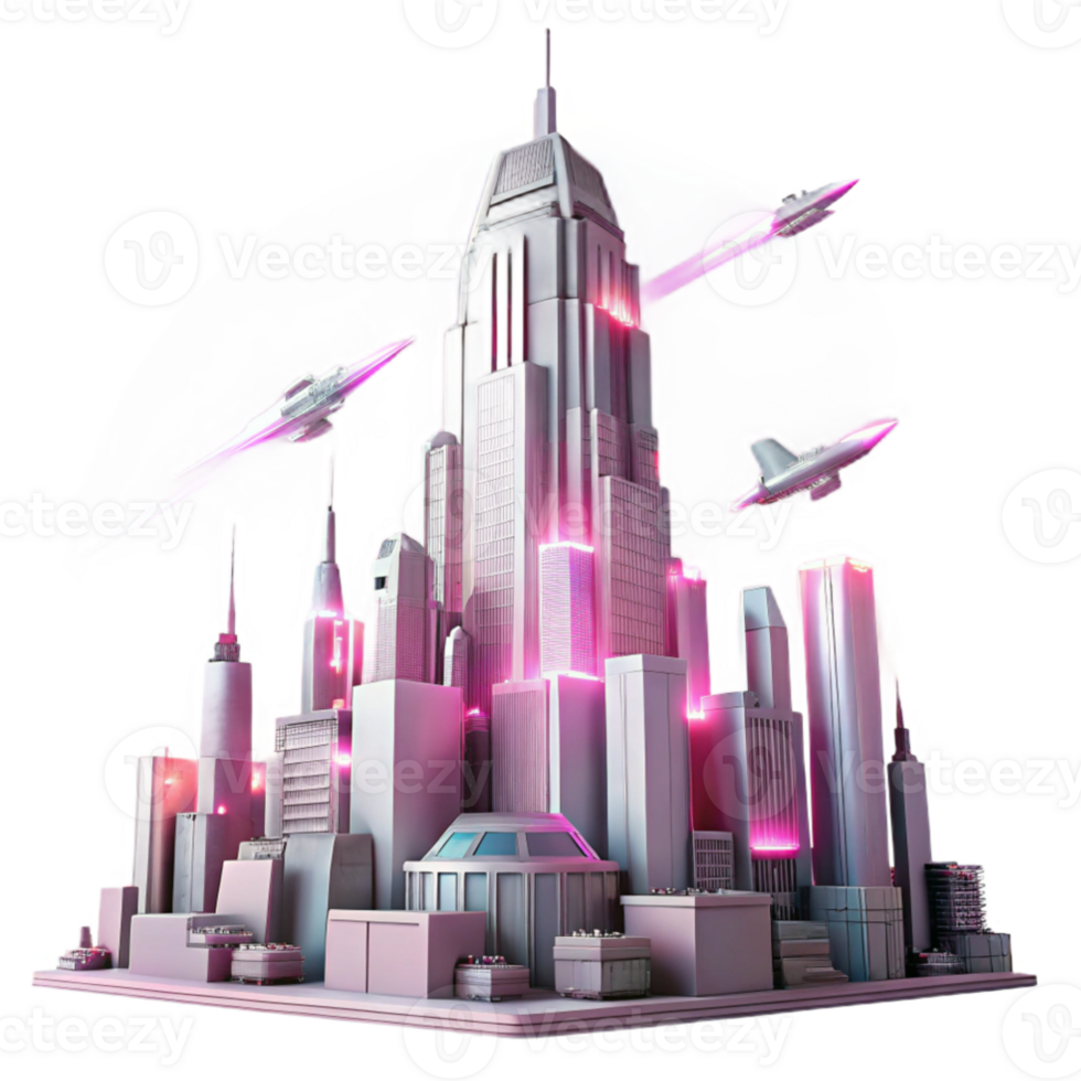 wonderful vintage magnificent modern A towering chrome megacity, art deco architecture reaching towards a sky filled with flying vehicles emitting trails of neon pink light.... png